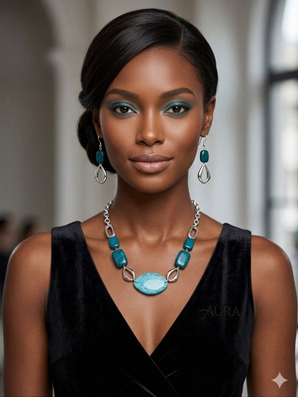 Etienne Aigner 18" Silver Tone Blue Stone Statement Necklace & Dangle Earrings